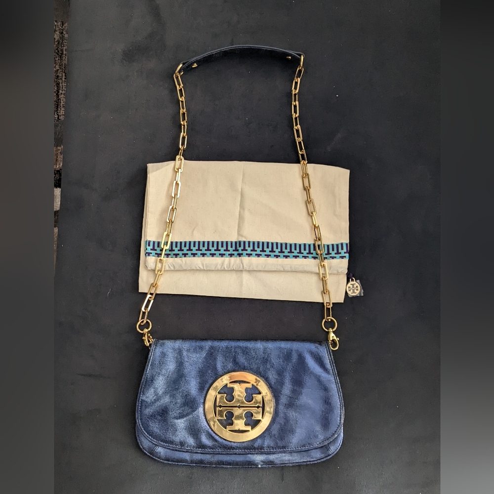 Tory Burch Reva Logo Detachable Chain Clutch, Metallic Blue & Gold